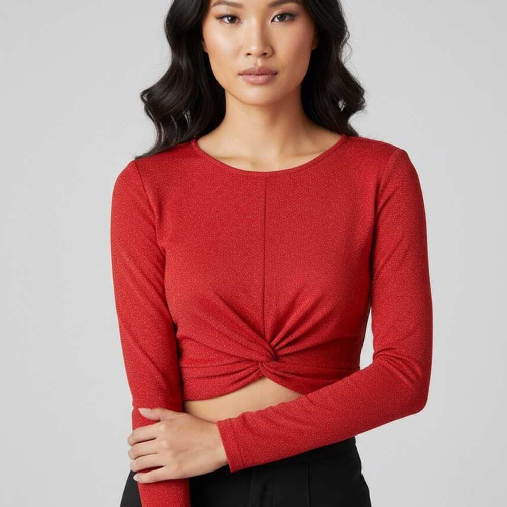 Red Twist-Front Long Sleeve Top